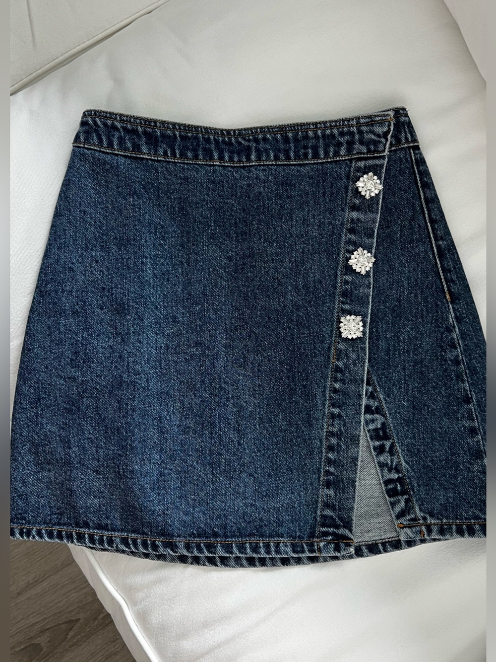 Self-Portrait Denim Wrap-Style Mini Skirt with Crystal Snap Buttons